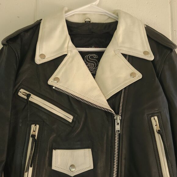 VTG Leather King Black & White Fringe Moto Jacket Braided Western Biker Women XL - Picture 4 of 16